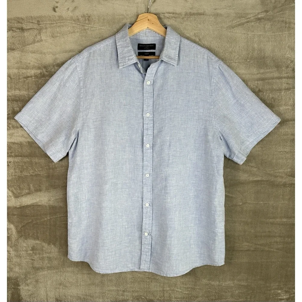 Banana Republic Men's L Tall Blue Linen-Cotton Slim Short Sleeve Button-Up Shirt